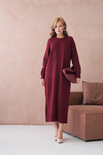 Kadın Bisiklet Yaka Yumuşak Dokulu Maksi Boy Şardonlu Oversize Triko Elbise 8324Sw