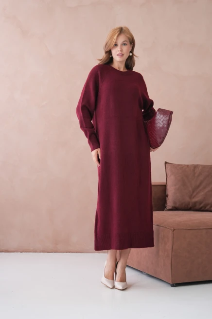 Kadın Bisiklet Yaka Yumuşak Dokulu Maksi Boy Şardonlu Oversize Triko Elbise 8324Sw