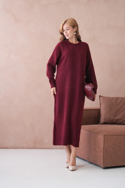 Kadın Bisiklet Yaka Yumuşak Dokulu Maksi Boy Şardonlu Oversize Triko Elbise 8324Sw