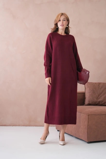 Kadın Bisiklet Yaka Yumuşak Dokulu Maksi Boy Şardonlu Oversize Triko Elbise 8324Sw