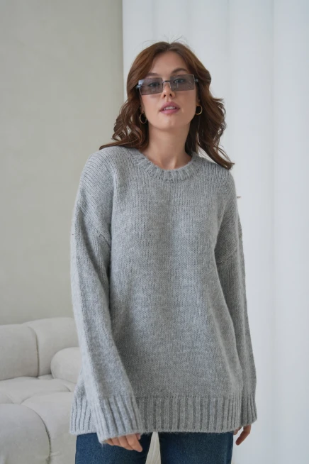 Kadın Bisiklet Yaka Yumuşak Dokulu Oversize Triko Kazak 3032