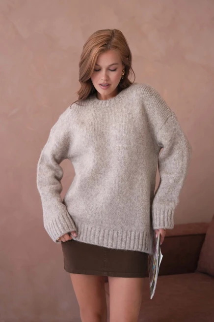 Kadın Bisiklet Yaka Yumuşak Dokulu Oversize Triko Kazak 3032