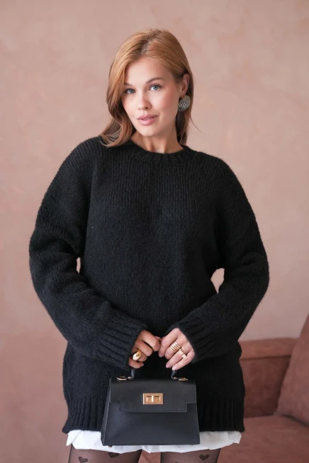 Kadın Bisiklet Yaka Yumuşak Dokulu Oversize Triko Kazak 3032