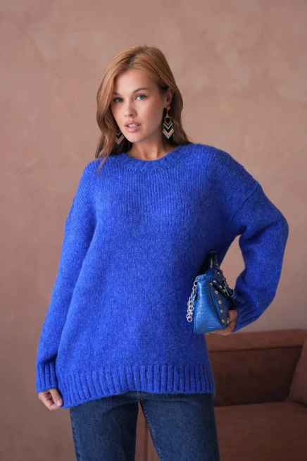 Kadın Bisiklet Yaka Yumuşak Dokulu Oversize Triko Kazak 3032