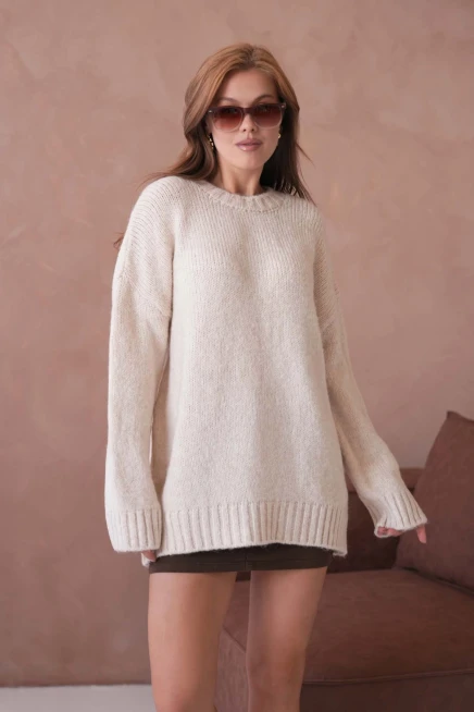 Kadın Bisiklet Yaka Yumuşak Dokulu Oversize Triko Kazak 3032