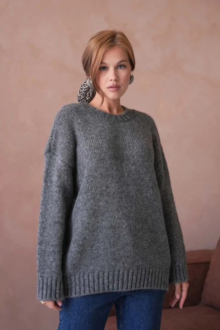 Kadın Bisiklet Yaka Yumuşak Dokulu Oversize Triko Kazak 3032