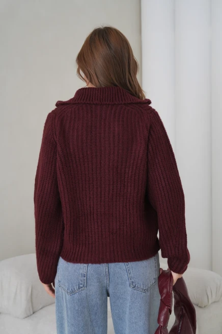 Kadın Devrik Yaka Fermuar Kapama Fitilli Triko Ceket