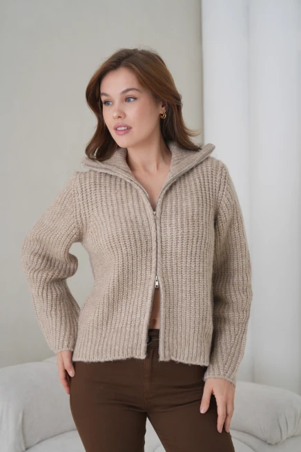 Kadın Devrik Yaka Fermuar Kapama Fitilli Triko Ceket