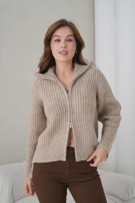 Kadın Devrik Yaka Fermuar Kapama Fitilli Triko Ceket