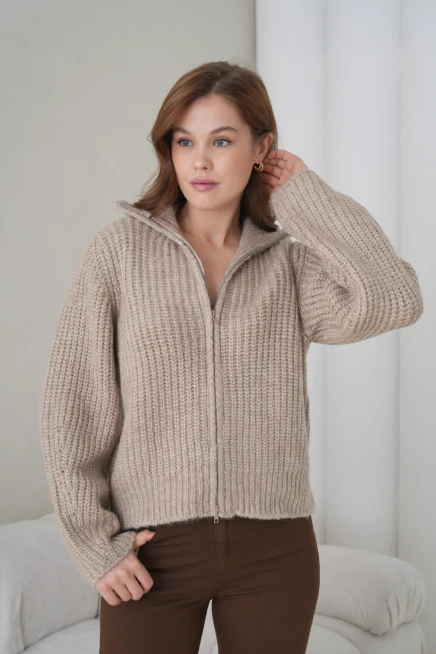 Kadın Devrik Yaka Fermuar Kapama Fitilli Triko Ceket