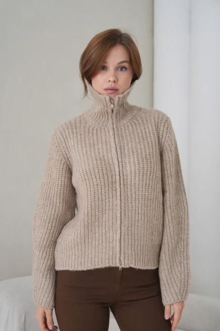 Kadın Devrik Yaka Fermuar Kapama Fitilli Triko Ceket