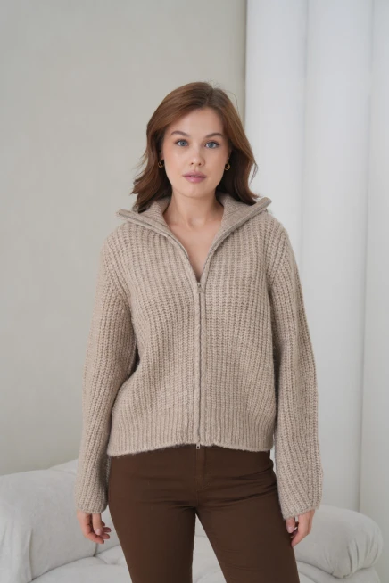 Kadın Devrik Yaka Fermuar Kapama Fitilli Triko Ceket