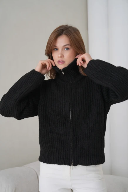 Kadın Devrik Yaka Fermuar Kapama Fitilli Triko Ceket