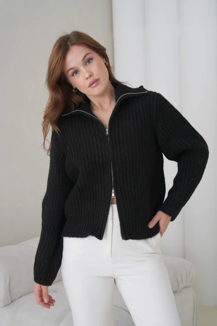 Kadın Devrik Yaka Fermuar Kapama Fitilli Triko Ceket