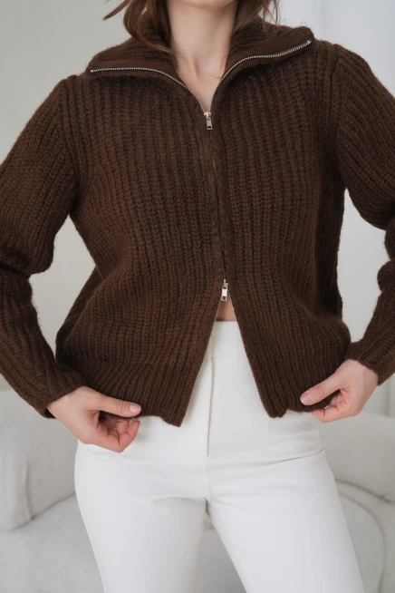 Kadın Devrik Yaka Fermuar Kapama Fitilli Triko Ceket