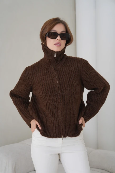 Kadın Devrik Yaka Fermuar Kapama Fitilli Triko Ceket