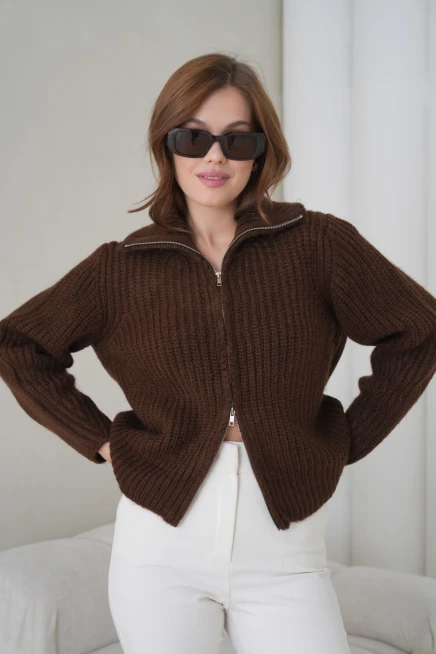 Kadın Devrik Yaka Fermuar Kapama Fitilli Triko Ceket