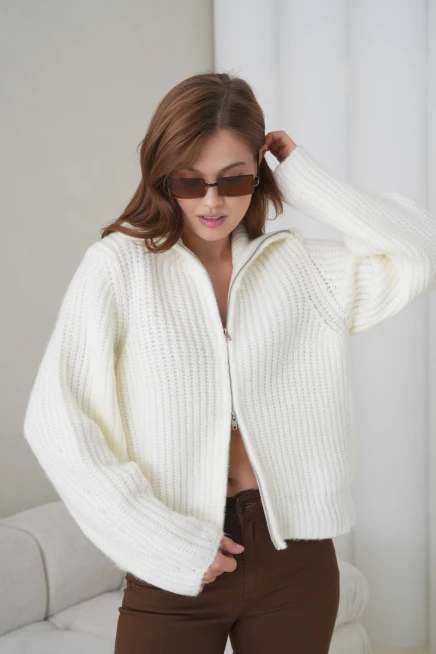 Kadın Devrik Yaka Fermuar Kapama Fitilli Triko Ceket