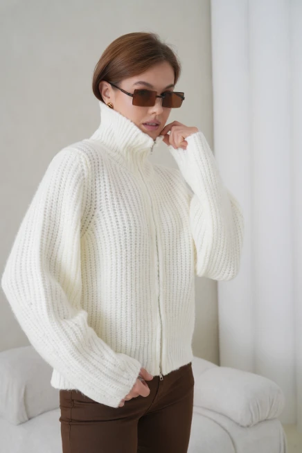 Kadın Devrik Yaka Fermuar Kapama Fitilli Triko Ceket