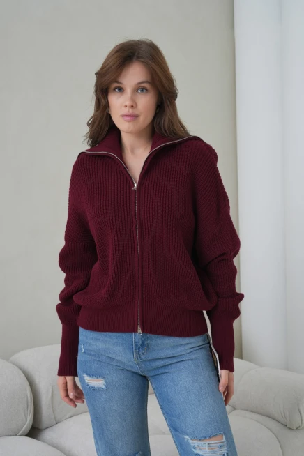 Kadın Devrik Yaka Ful Fermuar Kapama Oversize Triko Ceket