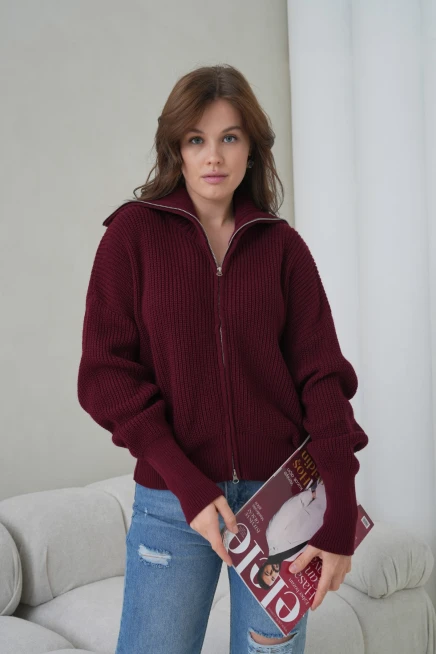 Kadın Devrik Yaka Ful Fermuar Kapama Oversize Triko Ceket