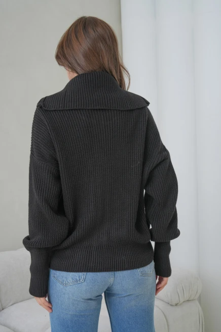 Kadın Devrik Yaka Ful Fermuar Kapama Oversize Triko Ceket