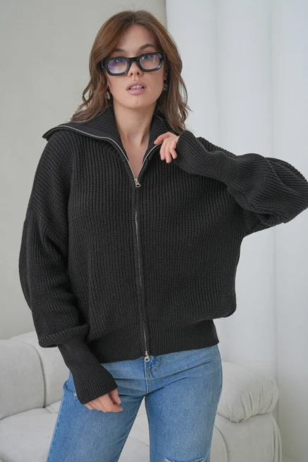 Kadın Devrik Yaka Ful Fermuar Kapama Oversize Triko Ceket