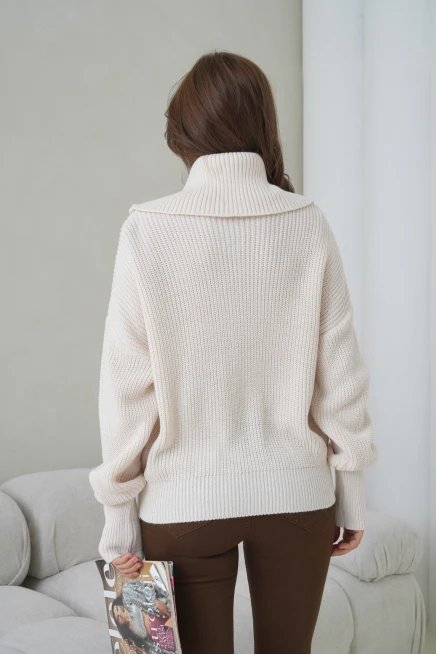 Kadın Devrik Yaka Ful Fermuar Kapama Oversize Triko Ceket