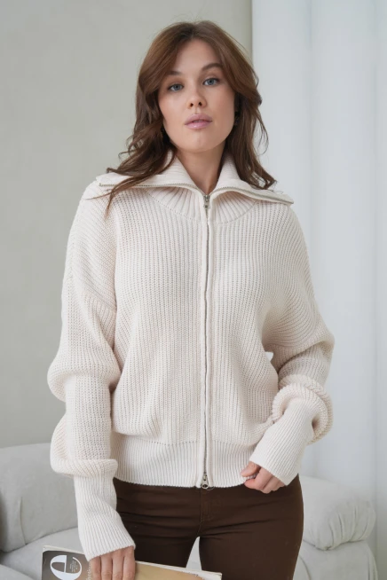 Kadın Devrik Yaka Ful Fermuar Kapama Oversize Triko Ceket