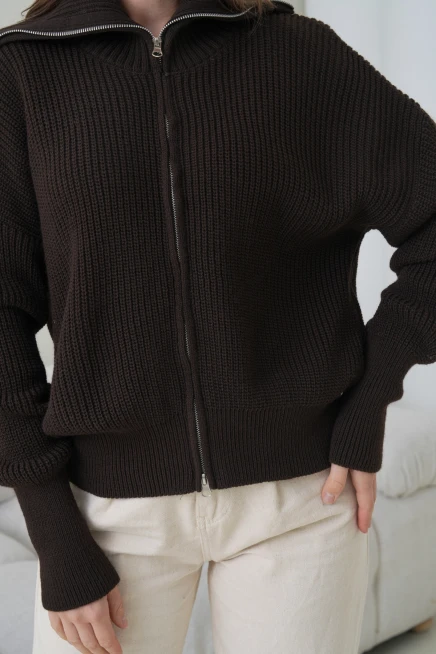 Kadın Devrik Yaka Ful Fermuar Kapama Oversize Triko Ceket