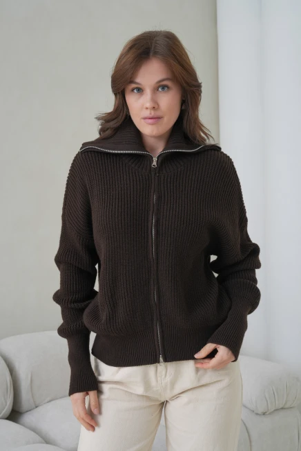 Kadın Devrik Yaka Ful Fermuar Kapama Oversize Triko Ceket