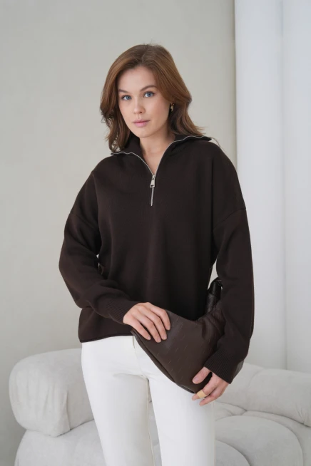 Kadın Devrik Yaka Yarım Pat Fermuar Oversize Triko Kazak 12374