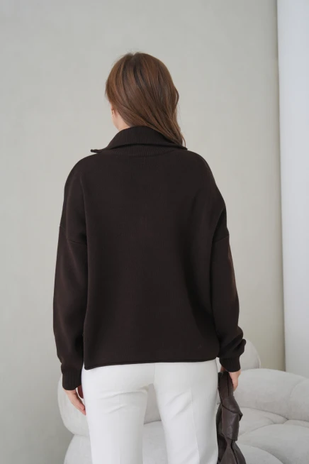 Kadın Devrik Yaka Yarım Pat Fermuar Oversize Triko Kazak 12374