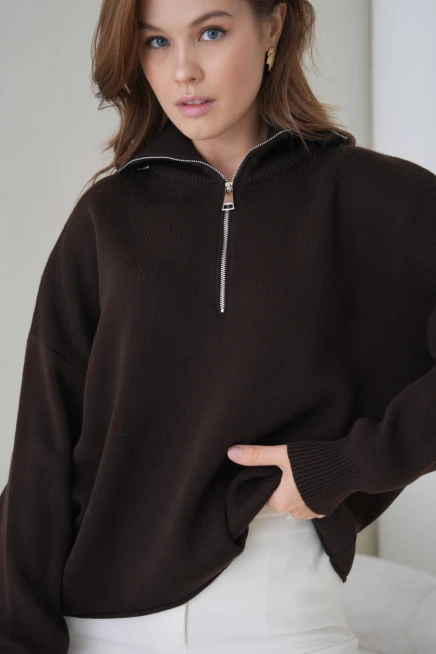 Kadın Devrik Yaka Yarım Pat Fermuar Oversize Triko Kazak 12374