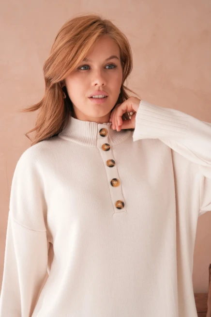 Kadın Dik Yaka Düğme Detay Yırtmaçlı Salaş Kazak Pantolon İkili Triko Takım