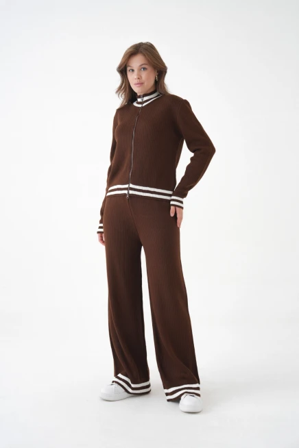 Kadın Dik Yaka Fermuar Kapama Çizgili Kaşkorse Ceket Pantolon İkili Triko Takım