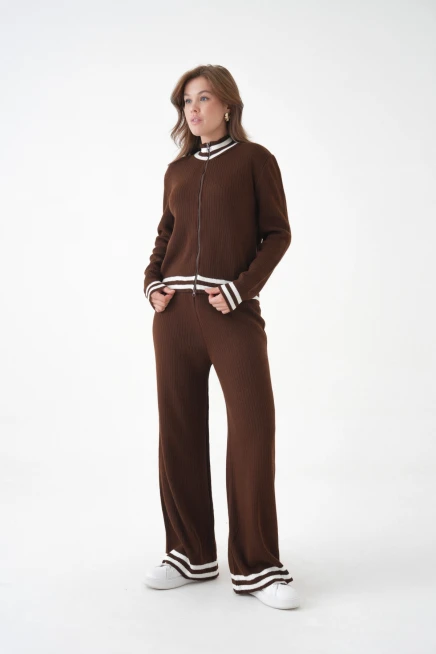 Kadın Dik Yaka Fermuar Kapama Çizgili Kaşkorse Ceket Pantolon İkili Triko Takım