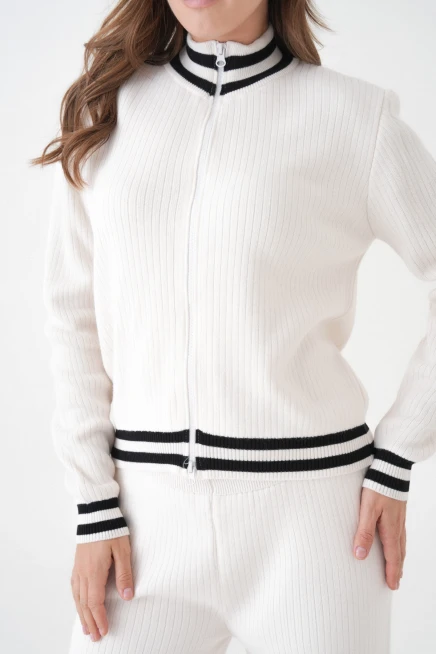 Kadın Dik Yaka Fermuar Kapama Çizgili Kaşkorse Ceket Pantolon İkili Triko Takım