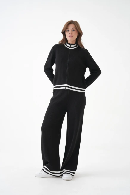 Kadın Dik Yaka Fermuar Kapama Çizgili Kaşkorse Ceket Pantolon İkili Triko Takım