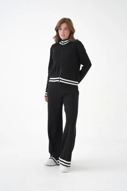 Kadın Dik Yaka Fermuar Kapama Çizgili Kaşkorse Ceket Pantolon İkili Triko Takım