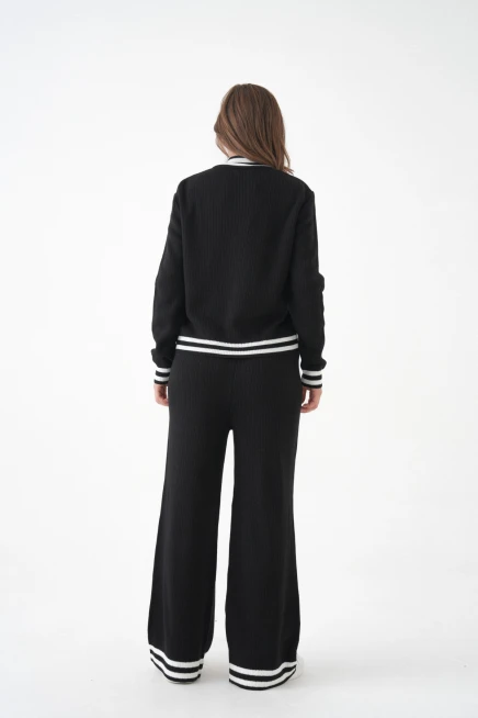 Kadın Dik Yaka Fermuar Kapama Çizgili Kaşkorse Ceket Pantolon İkili Triko Takım