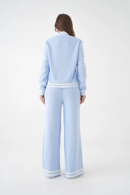 Kadın Dik Yaka Fermuar Kapama Çizgili Kaşkorse Ceket Pantolon İkili Triko Takım