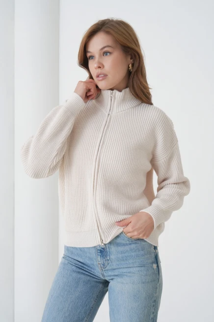 Kadın Dik Yaka Fermuar Kapama Oversize Triko Hırka 