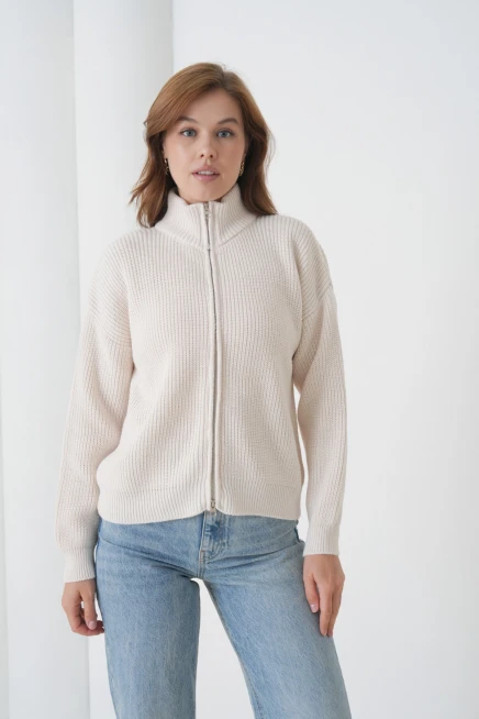 Kadın Dik Yaka Fermuar Kapama Oversize Triko Hırka 