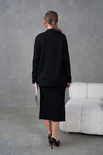 Kadın Dik Yaka Kazak Yırtmaçlı Uzun Etek İkili Triko Takım