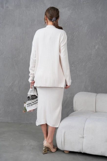 Kadın Dik Yaka Kazak Yırtmaçlı Uzun Etek İkili Triko Takım