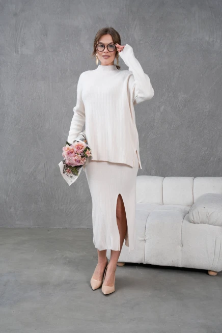 Kadın Dik Yaka Kazak Yırtmaçlı Uzun Etek İkili Triko Takım