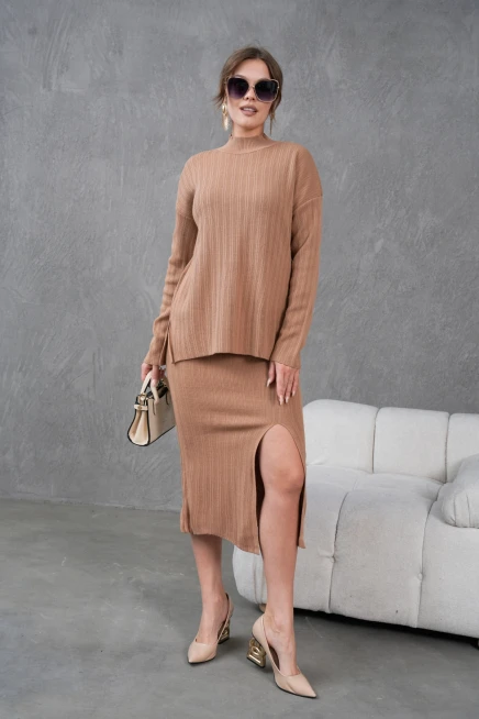 Kadın Dik Yaka Kazak Yırtmaçlı Uzun Etek İkili Triko Takım