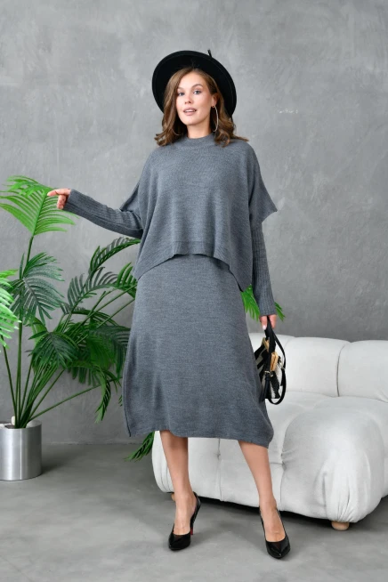 Kadın Dik Yaka Kısa Kol Kazak Uzun Elbise İkili Triko Takım