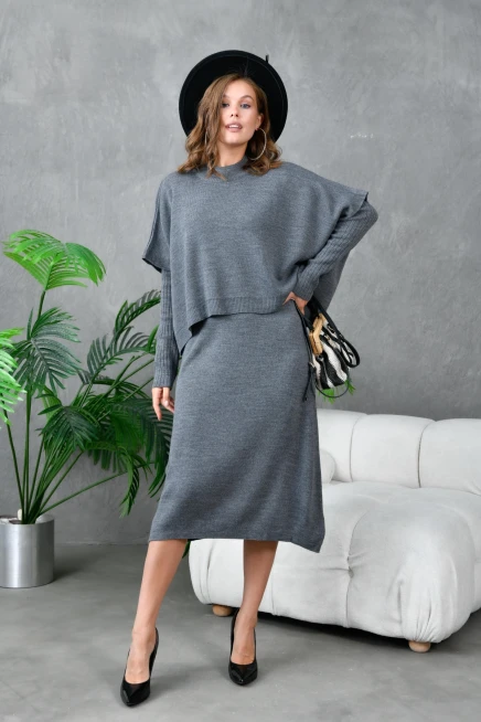 Kadın Dik Yaka Kısa Kol Kazak Uzun Elbise İkili Triko Takım